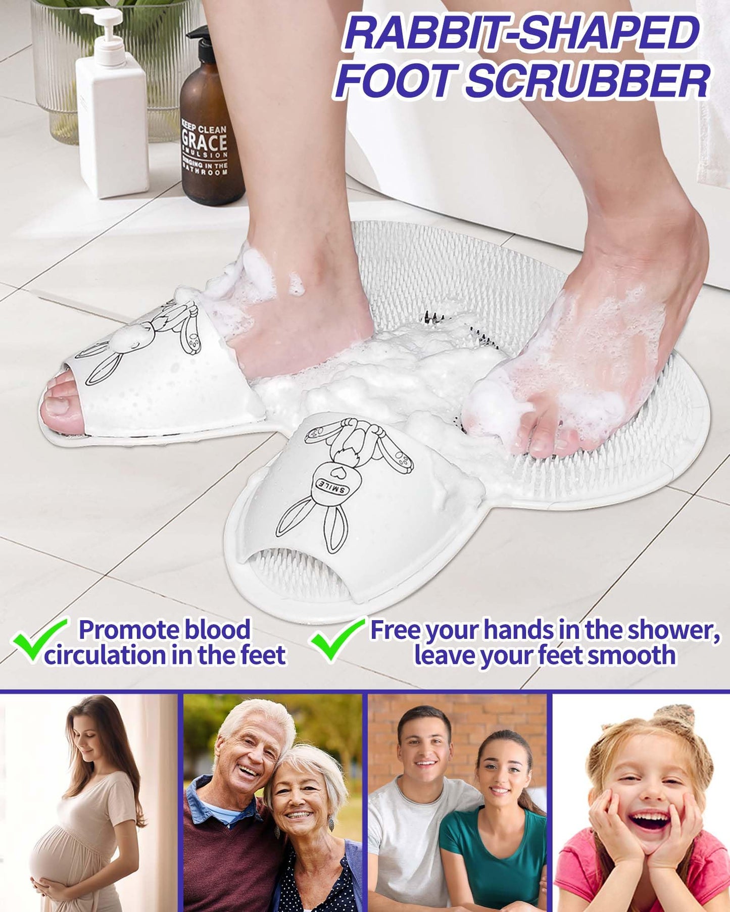 Manmihealth Extra-Large Shower Foot Scrubber Mat with Non-Slip Suction Cups, Rabbit-Shaped Silicone Foot Scrubber in Shower for Men & Women (White)