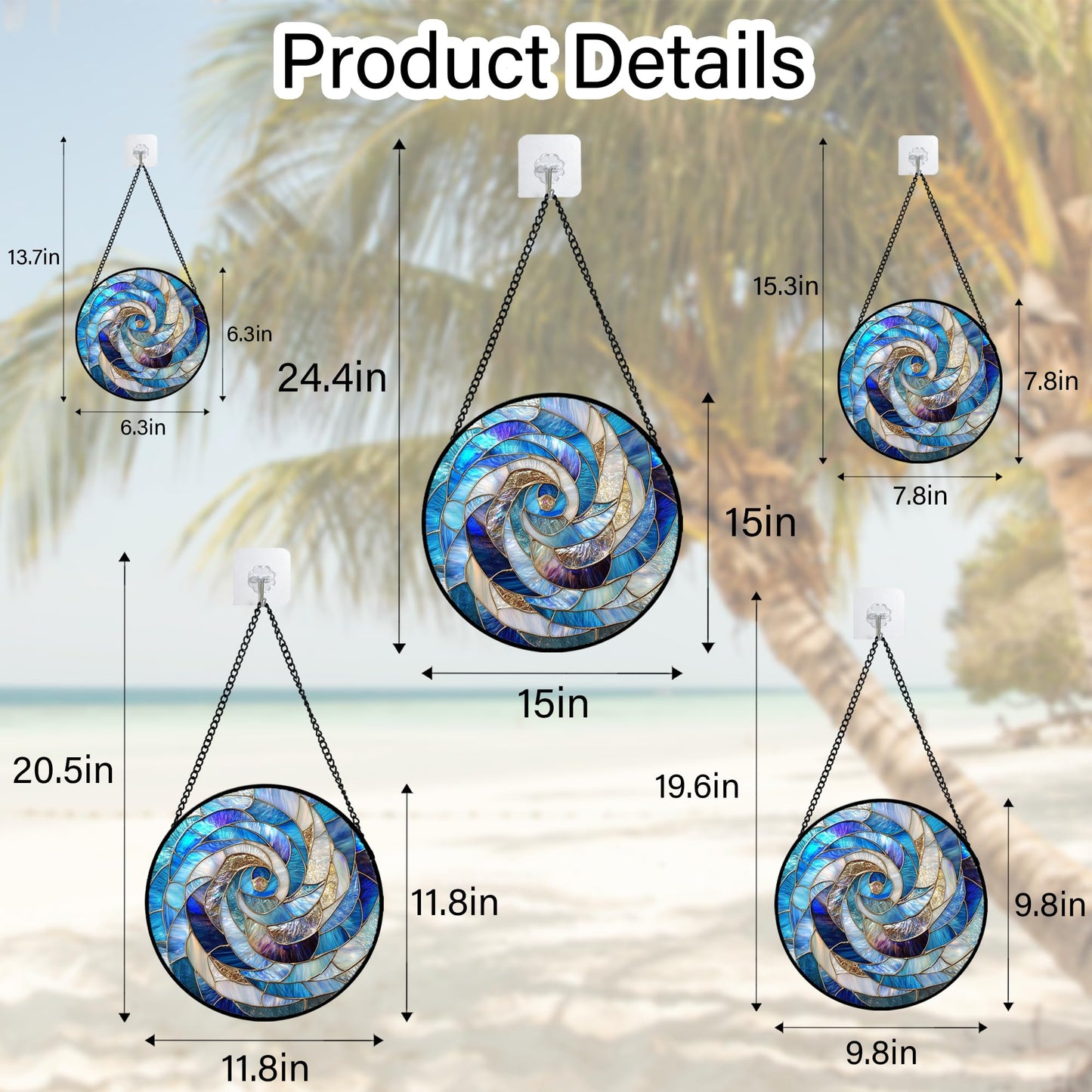 GEFOS Stained Glass Window Hanging Abstract Blue Golden Spiral Large 15" - Suncatcher Door Garden Sunroom Sun Catcher Home Decor Housewarming Birthday for Mom Grandma Men Woman