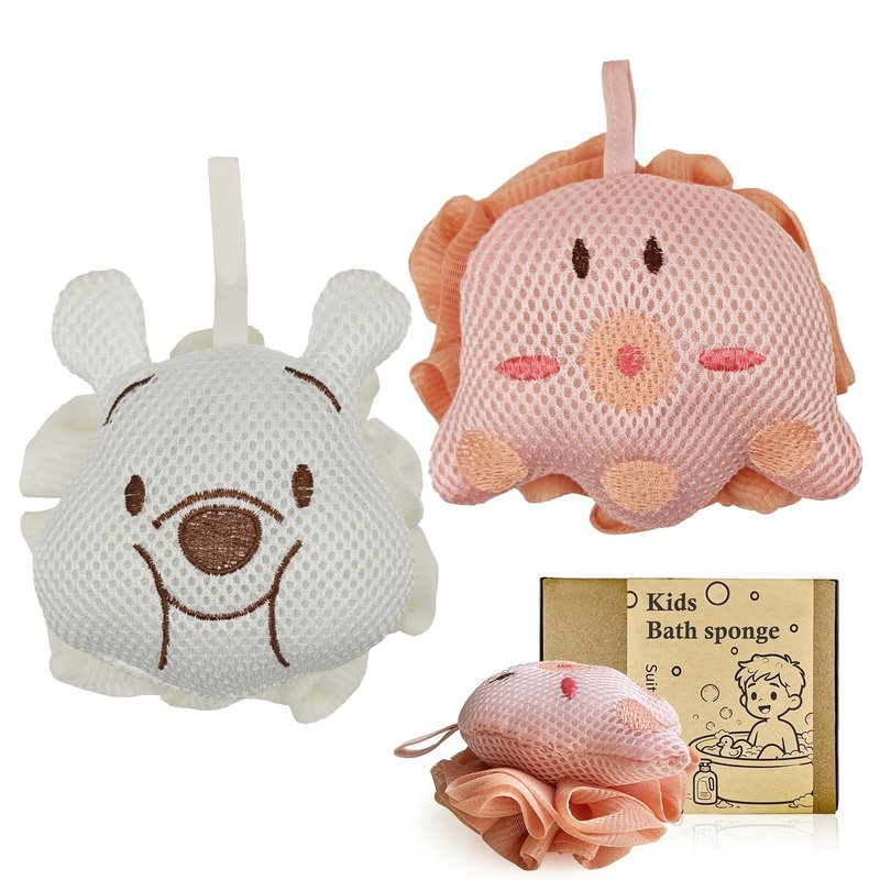 Kids Loofah,Cute Octopus & Bear Bath Sponge,Double-Layer Soft Mesh Loofah for Kids,Gentle Exfoliating Body Scrubber with Rich Foam for Boys & Girls