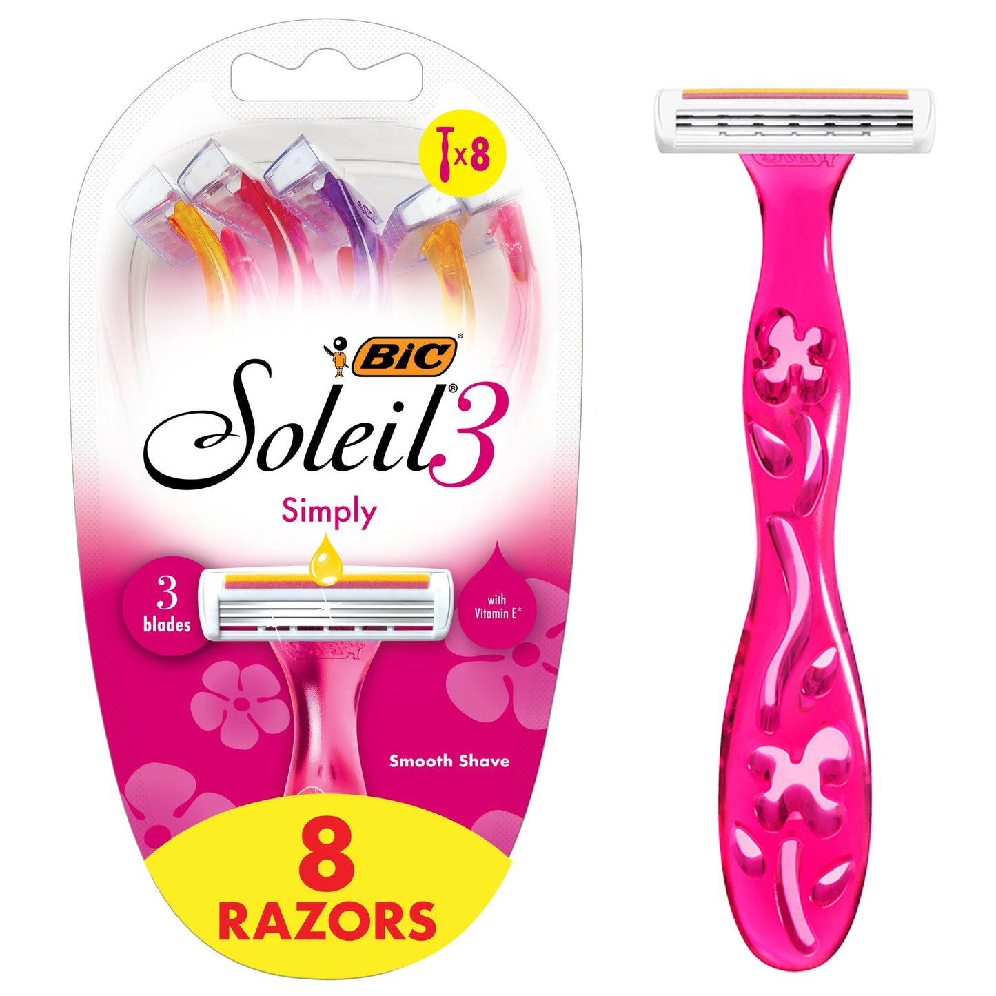 BIC Soleil 3 Simply Women's Disposable 3-Blade Razors, Aloe Vera Moisture Strip, College Dorm Room Essential, Shower Caddy and Toiletry Bag Ready, 8-Pack