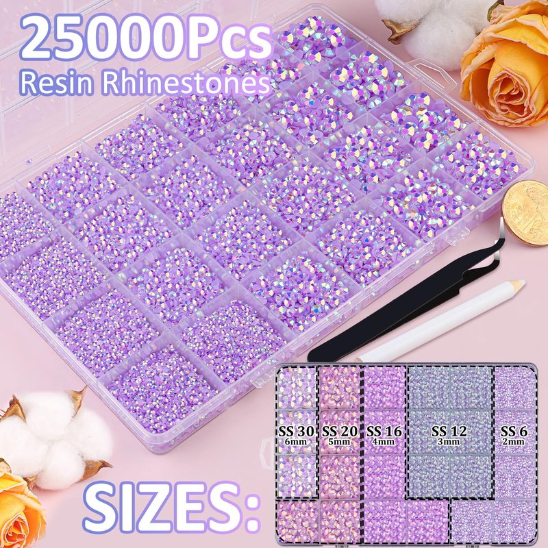 25000Pcs Resin Rhinestones for Crafting, Lavender Purple AB 2-6mm Mixed Sizes Non Hotfix Flatback Gems with 1Pcs Glue, Bedazzling Crystal for DIY Craft Clothing Mugs Tumblers Shoes Decor Nail Art