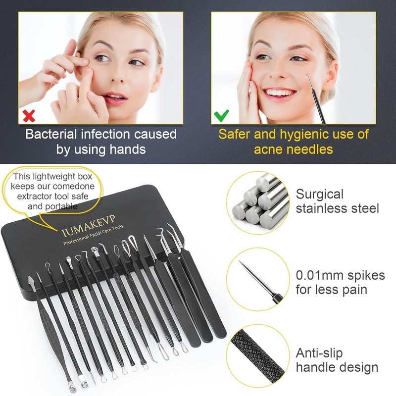 Pimple Popper Tool Kit - 15 PCS Professional Stainless Steel Blackhead Remover Set | Acne Extraction Tools with Metal Case (Black)