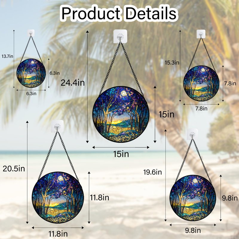QZQCBLC Stained Glass Window Hanging Blue Purple Forest Trees Landscape Moon Large 15" - Suncatcher Door Garden Sun Catcher Home Decor Birthday Christmas for Mom Men Woman Nana