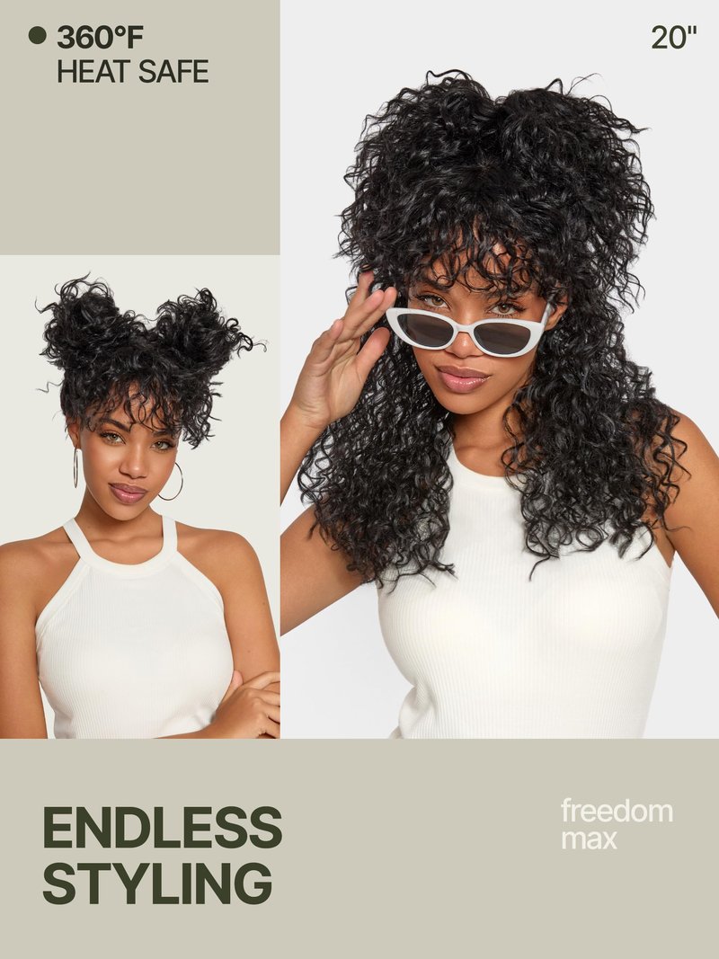 Frodio Veralux Fiber Blend Human Hair 20 Inches Shaggy Curl with Bangs Wig 200% Density Wigs Natural Black Ready to Go Glueless Wig for Women Realistic Look with True Scalp