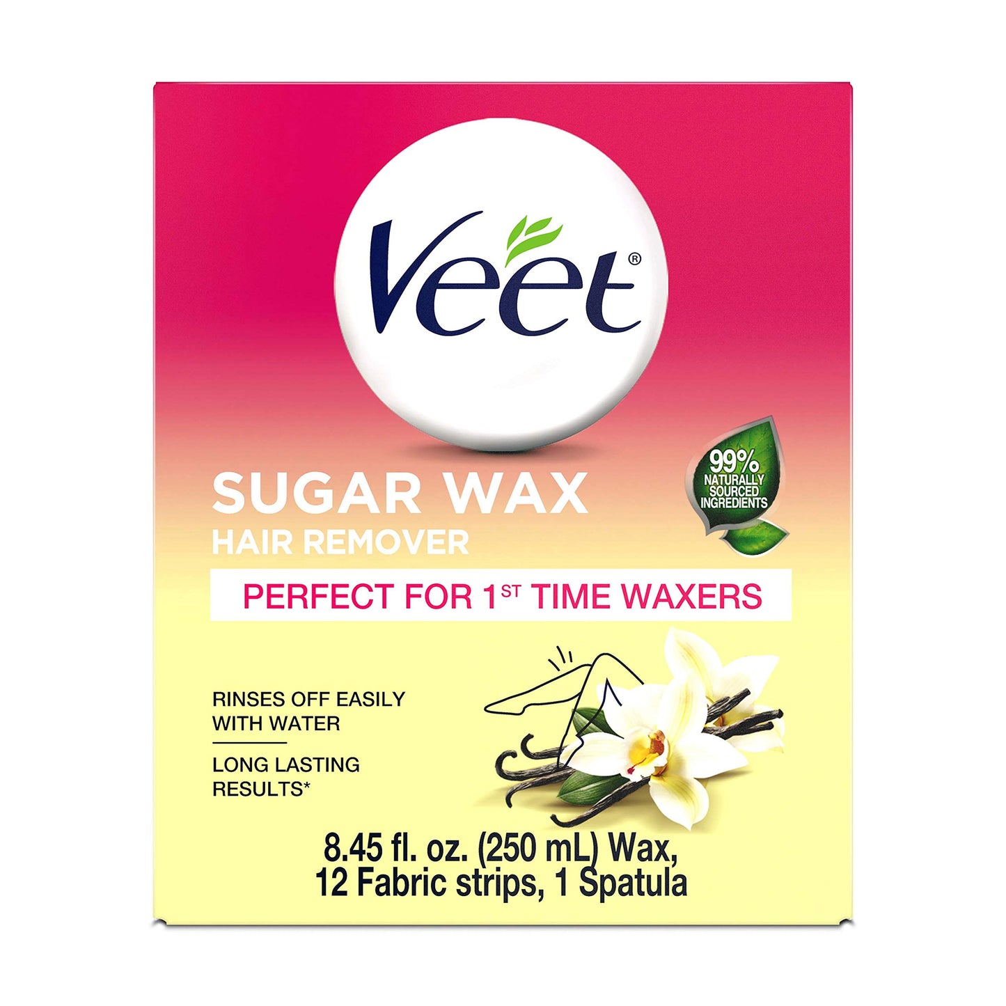 VEET Sugar Wax Hair Remover - Perfect for First Time Waxers - Contains 12 Fabric Strips & 1 Spatula with a Temperature Indicator