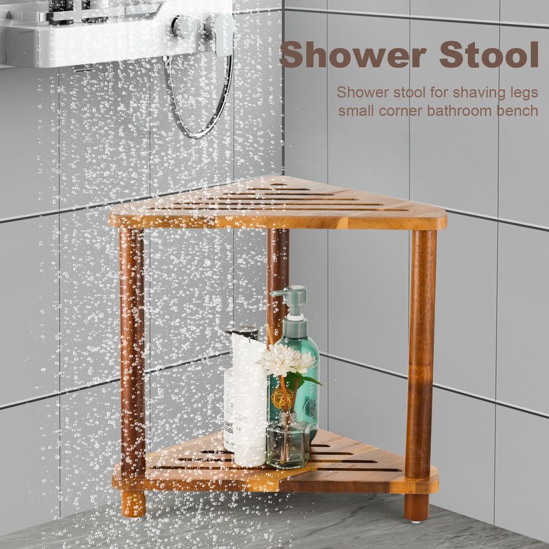 OKLILIYA Corner Shower Stool, Shower Foot Rest for Shaving Legs, Small Shower Acacia Wood Waterproof Shower Bench for Inside Shower Spaces (Corner Stool 03)