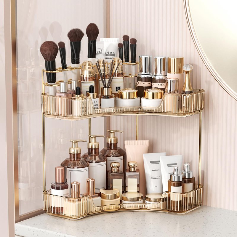 BEFSOP Corner Bathroom Counter Organizer, Upgraded 2-Tier Makeup Organizer Countertop with Makeup Brush Holder, Skincare Exquisite Vanity Organizers Countertop Bathroom Storage Dresser(GOLD)