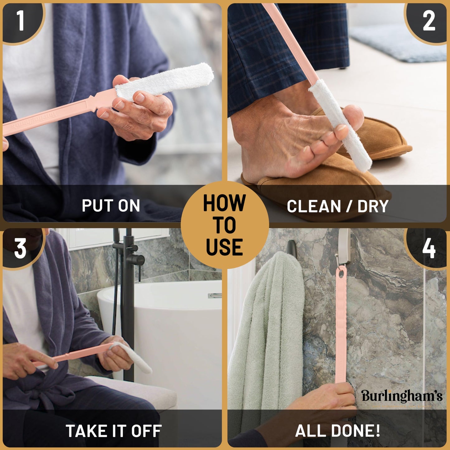Burlingham's Toe and Foot Towel Brush with Reusable Drying Covers Long 17” Handle for Cleaning Between Toes, Soft Skin Exfoliation,for Seniors, Adults, Kids (Pink Toe Towel Brush + 3 Covers)
