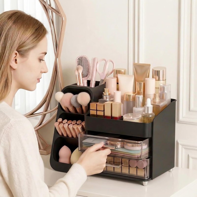 Makeup Organizer - Large Capacity Countertop Storage with Brush Holder | Thickened Material, Black
