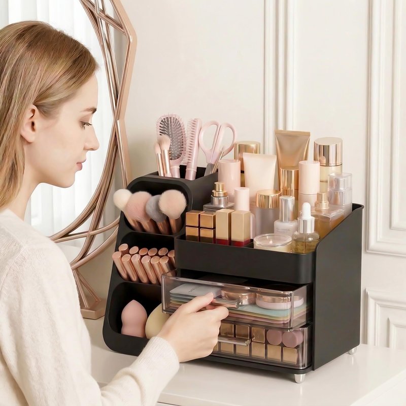 Large Capacity Makeup Organizer Countertop with Makeup Brush Holder for Vanity, Thickened Material, Bathroom Countertop Organizer Skin Care Perfumes Storage, Teen Girl Gifts for 12-23 Year（black）
