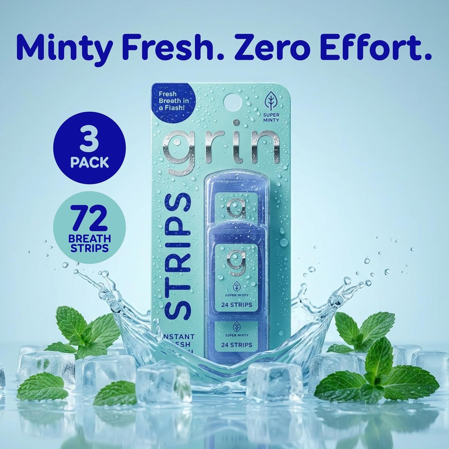 Super Minty Breath Strips - Instant Sugar-Free Freshener | Portable 72 Count (3 x 24)