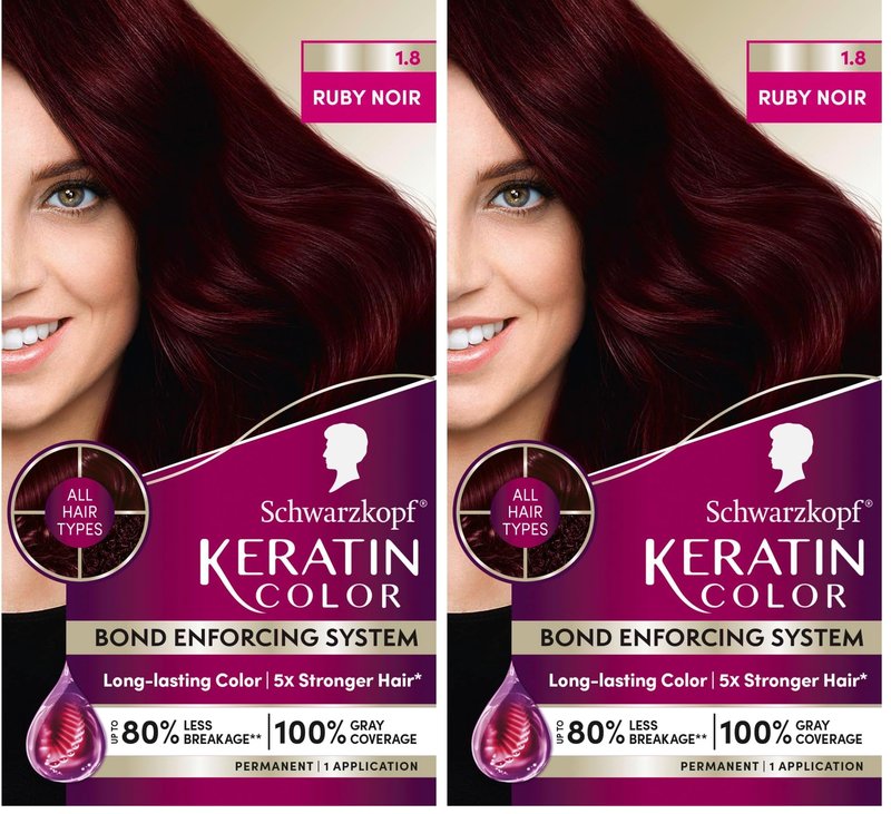 Schwarzkopf Keratin Color Permanent Hair Color, 1.8 Ruby Noir, 1 Application - Professionally Inspired Permanent Hair Dye, for up to 80% Less Breakage vs Untreated Hair and up to 100% Gray Coverage