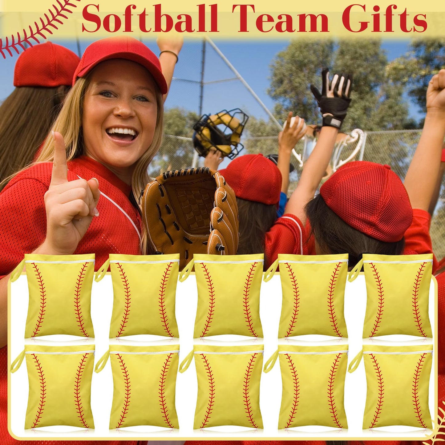 Ribbonlic 12 Pcs Softball Wet Dry Bag Gifts Bulk, Softball Team Wet Dry Bag with Handle Zipper, Beach Pool Waterproof Toiletry Organizing Pouches for Women Player Travel Team Gifts