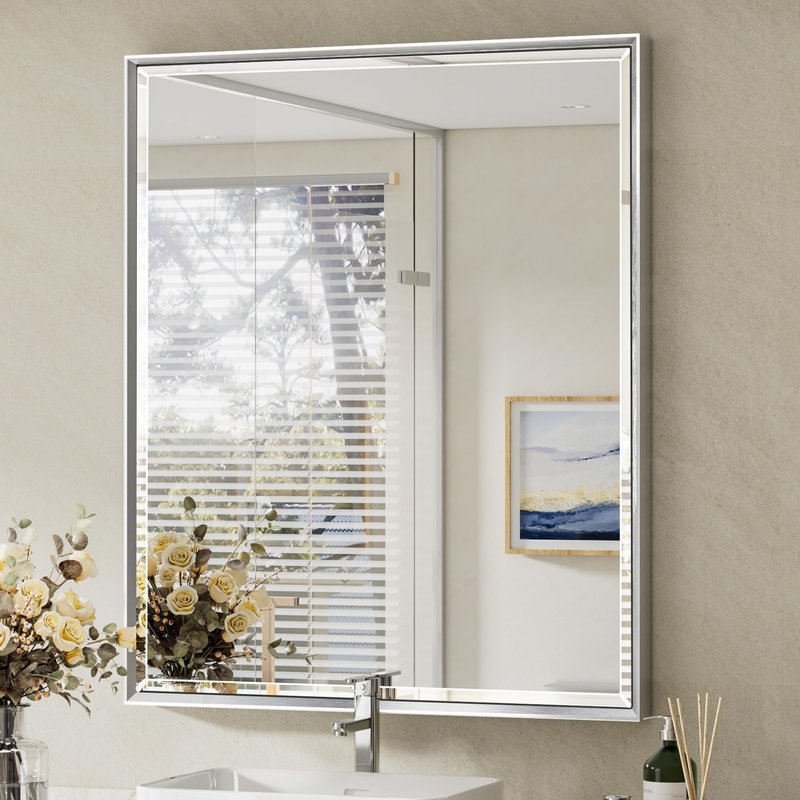 QueenFun Silver Bathroom Mirror, 30x36 Inch Beveled Silver Vanity Mirror for Bathroom Wall, Silver Metal Framed Mirror Anti-Rust, Silver Rectangle Wall Mounted Mirror for Bathroom(Vertical/Horizontal)