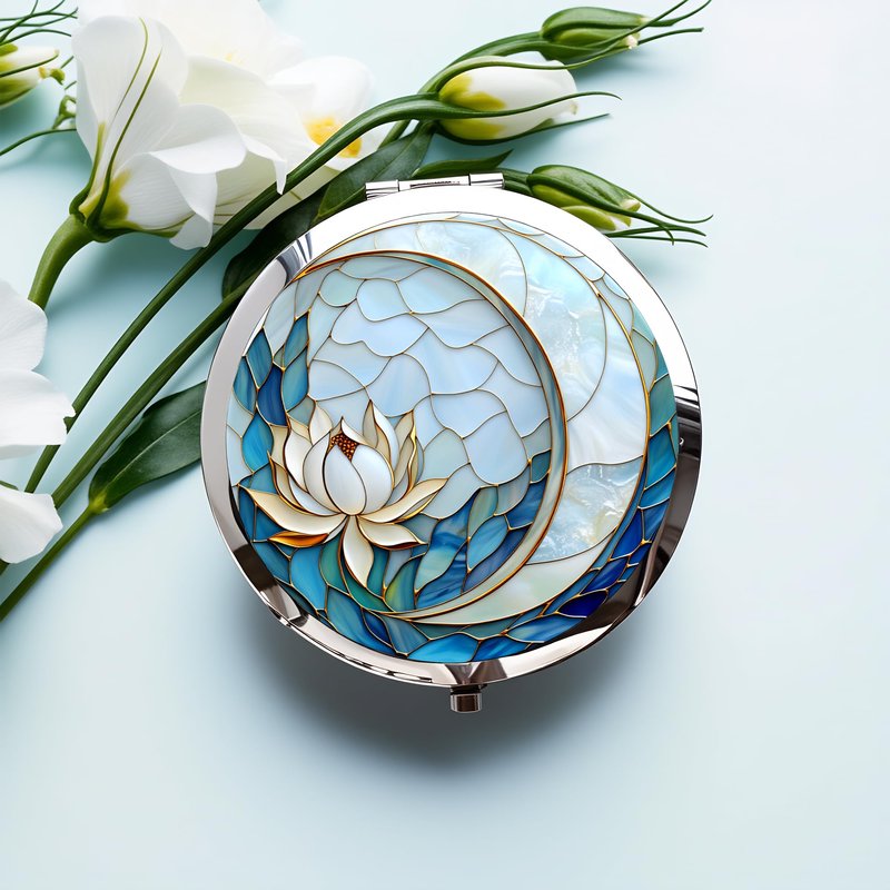 Silver Compact Mirror, 2.8x2.8inch Double-Sided Folding Makeup Mirror with Blue Lotus Moon Design, Ideal Gift for Women