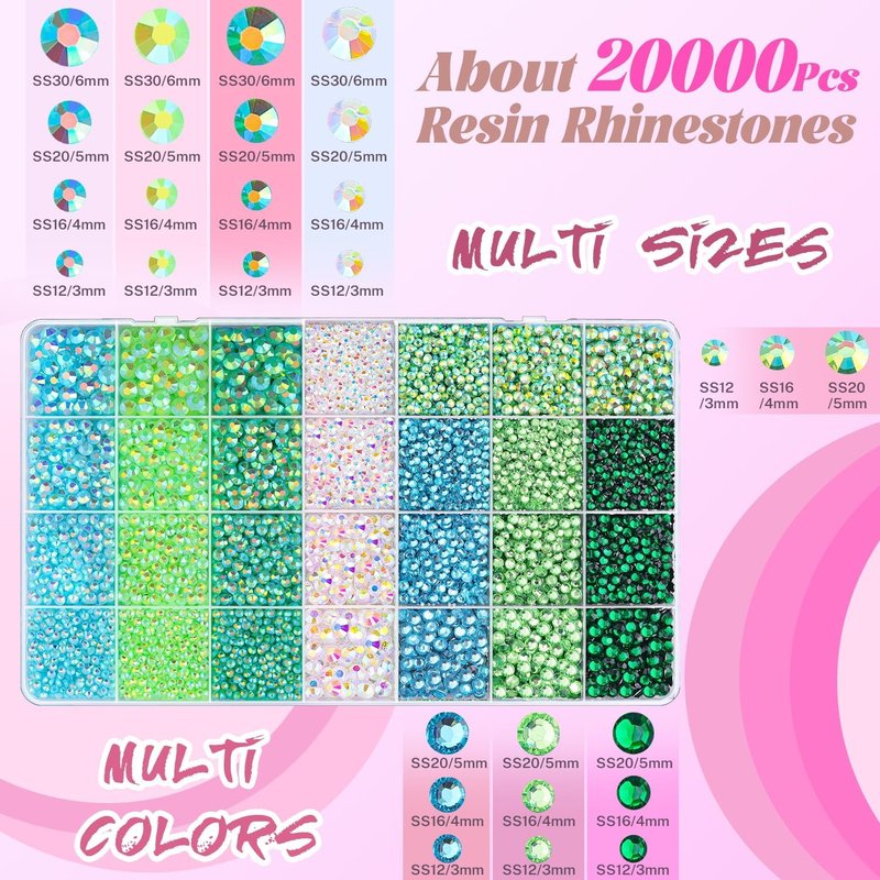 Green Rhinestones for Bedazzling - 20,000 Pcs Resin Gems with B7000 Jewelry Glue | Assorted Sizes 3/4/5/6mm for Crafts & Nail Art