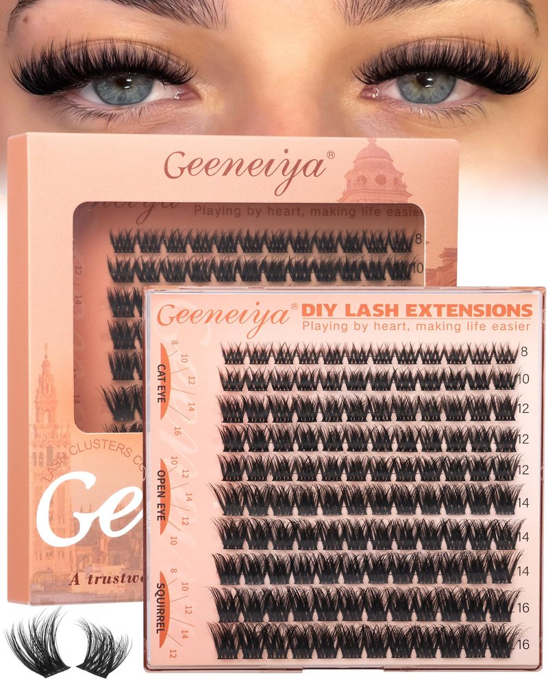 Geeneiya Fluffy Lash Clusters 8-16mm, Natural 3D Fluffy Effect Eyelash Clusters, C Curl DIY Cluster Eyelash Extensions for Salon-Like Lashes at Home