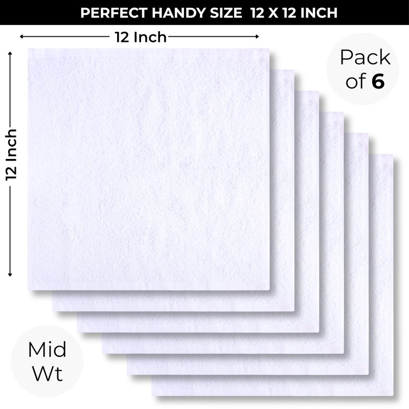 LIVINATI White 100% Cotton Wash Cloths for Showering Body and Face - 12"X12" 6 Pack Washcloths - Small Terry Towel Bath Rags for Adults and Kids Bathroom - Soft Absorbent