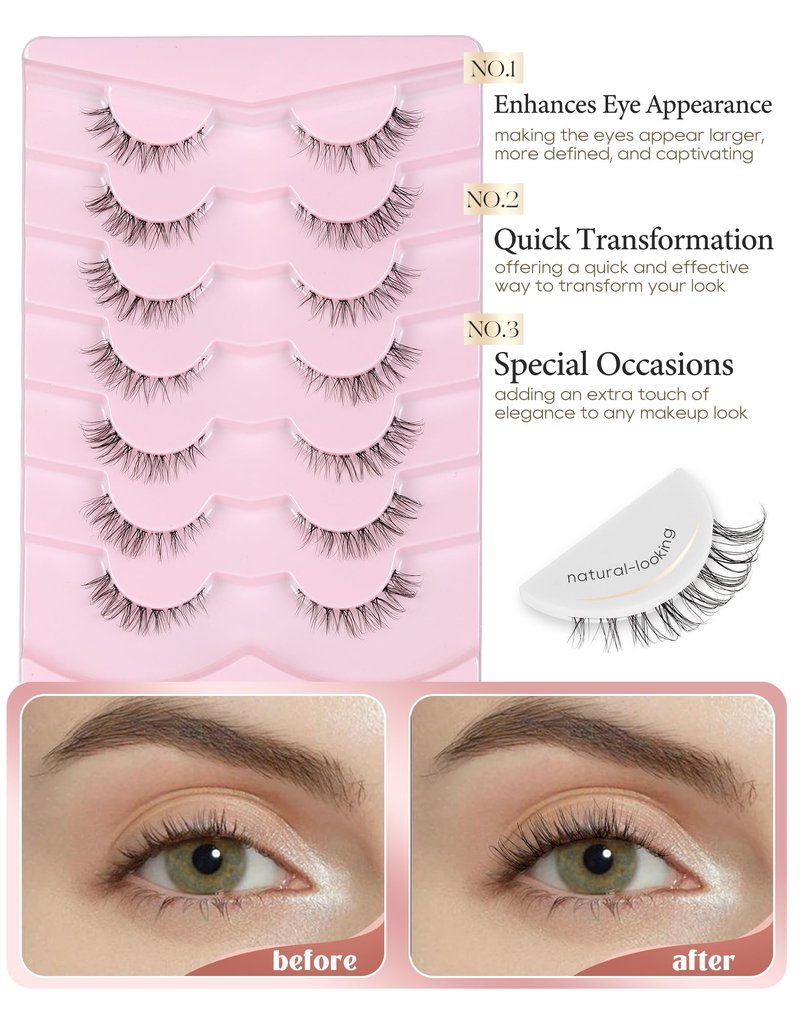 Onlyall Short Lashes Natural False Eyelashes 3/4 Small Lashes Fake Eyelashes Wispy Lashes Natural Lashes Clear Band Lashes 12mm Lashes H21