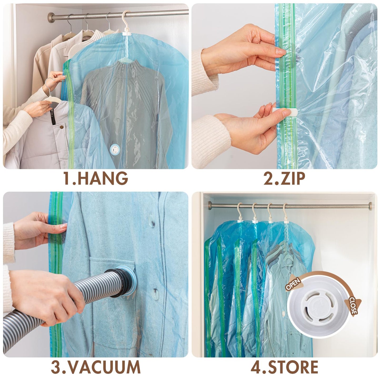 LEVERLOC Hanging Vacuum Storage Seal Space Saver Bags for Clothes, Coat, Blue,3 Long 3 Medium