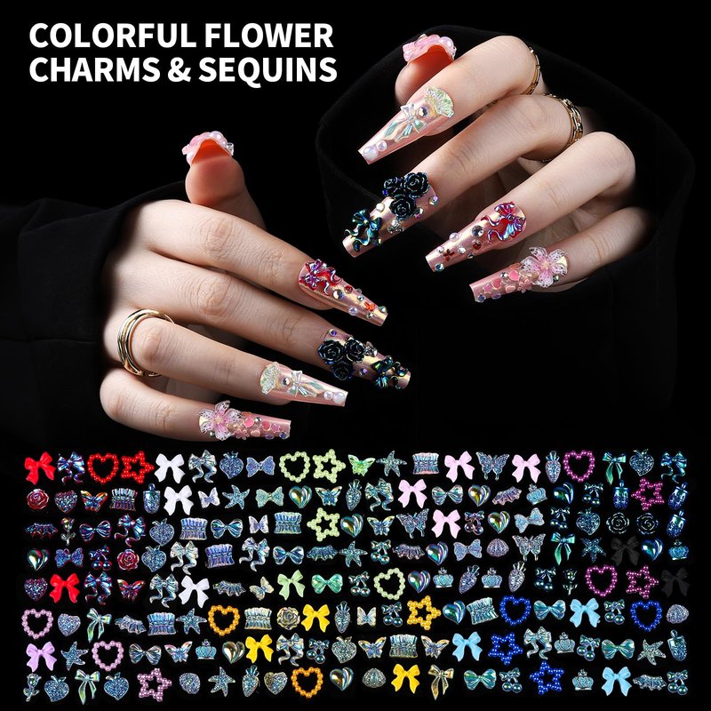 FAMDAMEI 24 Grid Nail Charms, Nail Art Kit with Multi Shapes Nail Charms and Gems, Flatback AB Nail Rhinestones Gold Nail Pearls, Charms Y2K for Nails, 3D Hawaii Flowers Nail Jewels for Nail Design