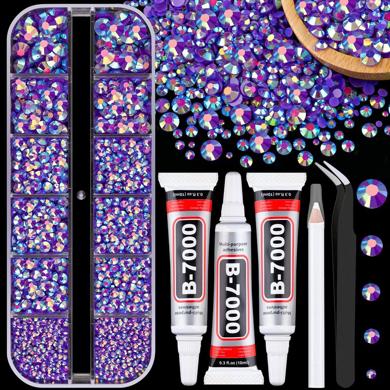 Resin Rhinestones for Crafting with 3Pcs 10ml B7000 Jewelry Glue, 2 Boxes Dark Purple AB Flatback Gems Crystals Diamond for Bedazzling Crafts DIY Nail Art Makeup,Gems for Clothing Tumblers Shoes