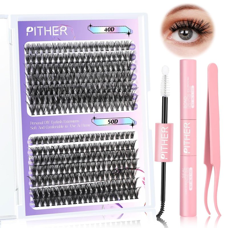 PITHER Lash Extension Kit - 280pcs DIY Eyelash Extensions with Bond, Sealant & Tweezers | 0.07mm 10-16mm Volume Clusters