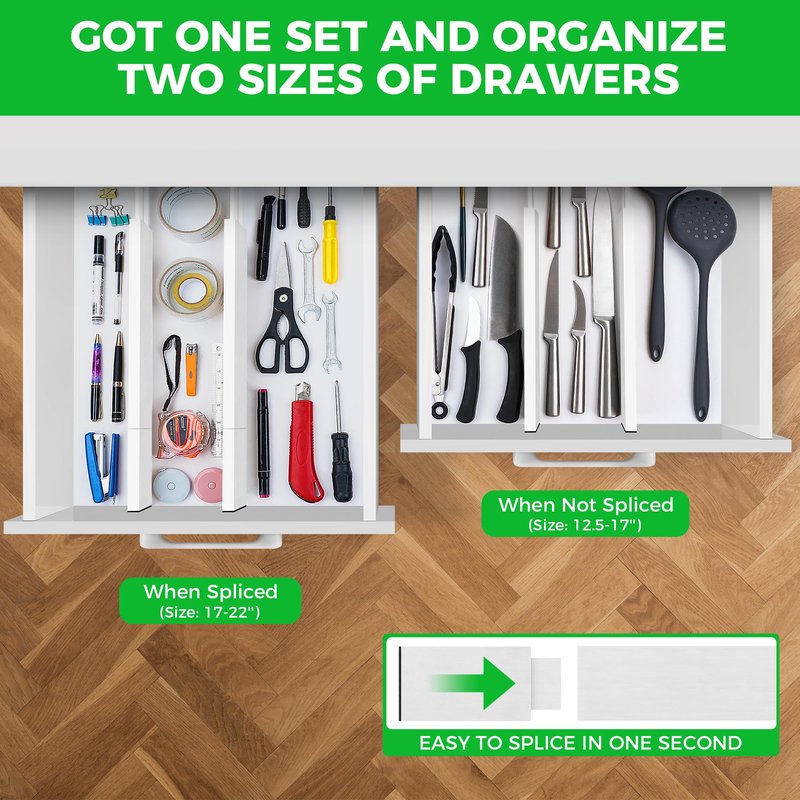 4 Pack Bamboo Drawer Dividers Organizer with Inserts 2.6'' High, Expandable from 12.5-21.7", Adjustable Drawer Organizer Separators for Utensils, Clothing, Office, Dresser, Bedroom, (White)