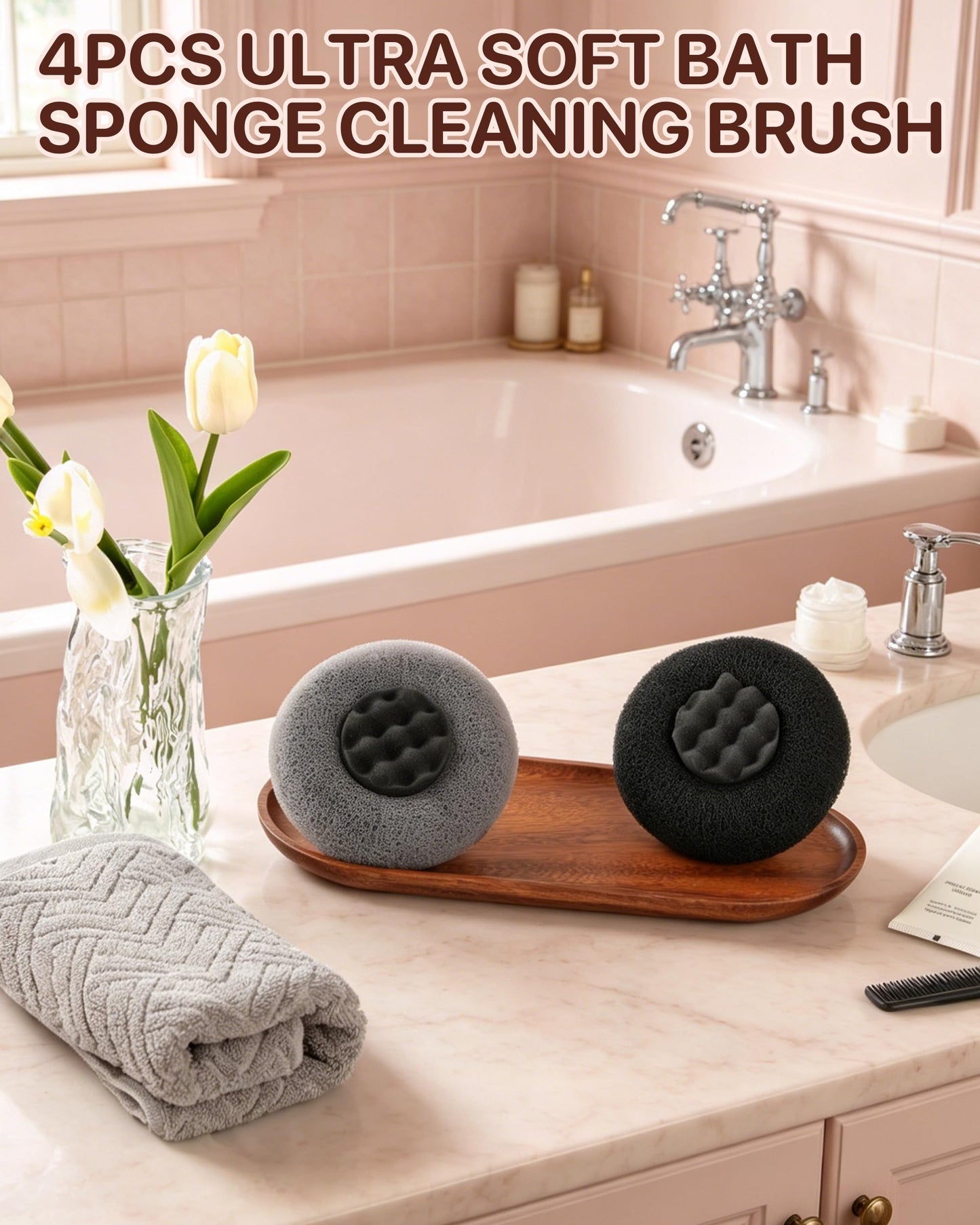 Super Soft Sunflower Suction Cup Bath Sponge loofah, 2026 Upgraded 2-in-1 Sunflower Ball Exfoliating Bath Sponge Cleaning Brush, Mesh Shower Body Sponge Accessories for Women, Men Shower (Black+Grey)