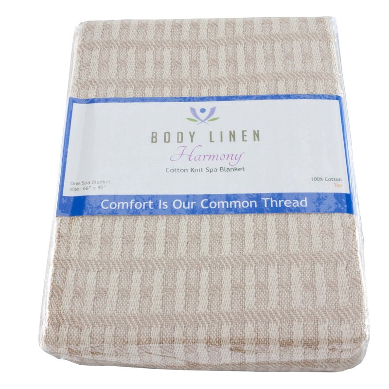 Harmony Cotton Spa and Massage Table Blankets by Body Linen. 100% Cotton, 66 by 90 Inches. Soft, Warm and Stylish. Machine Washable. Two Tone Knit Pattern, Tan and Natural.