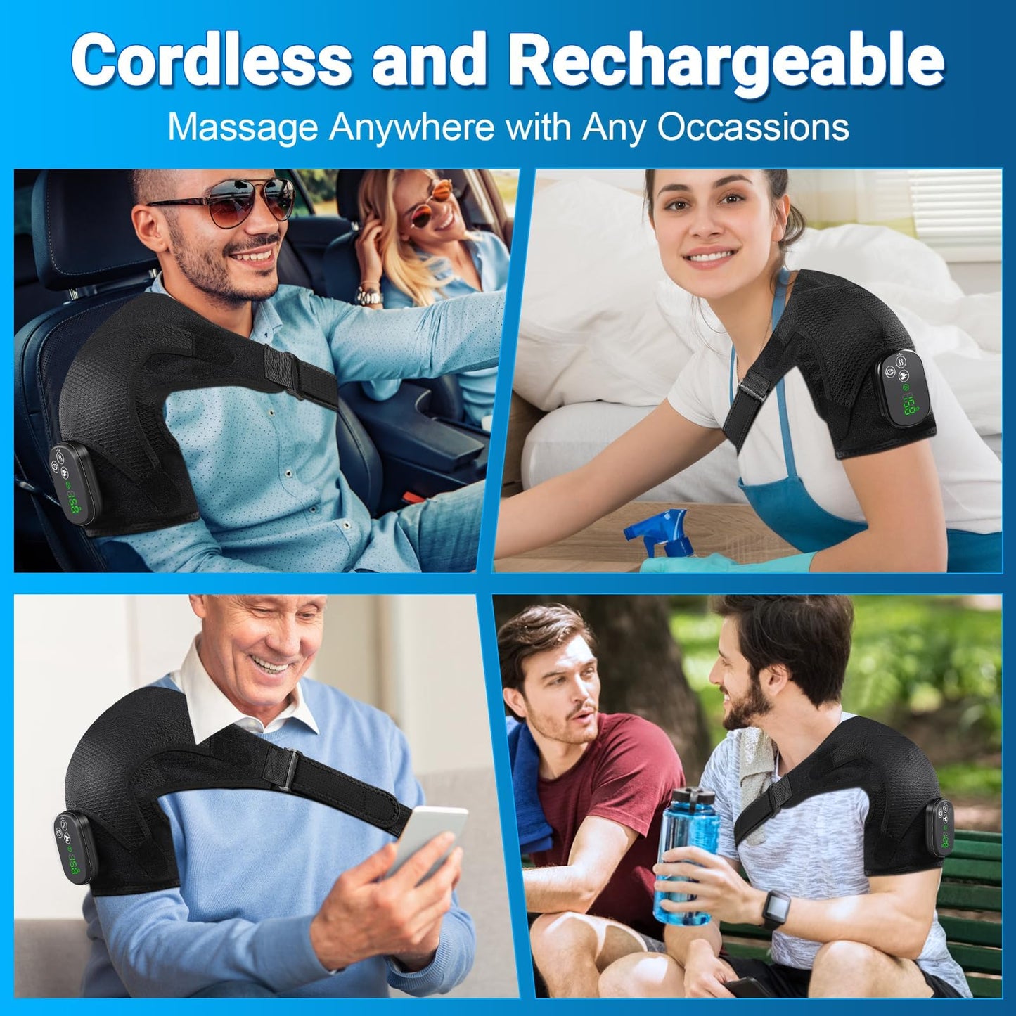 YUANBO Cordless Shoulder Heating Pad with Massager, Portable Shoulder Massager Wrap with 6 Timer & 3 Vibration with 6 Heat & Timer Modes Warmer for Men Women