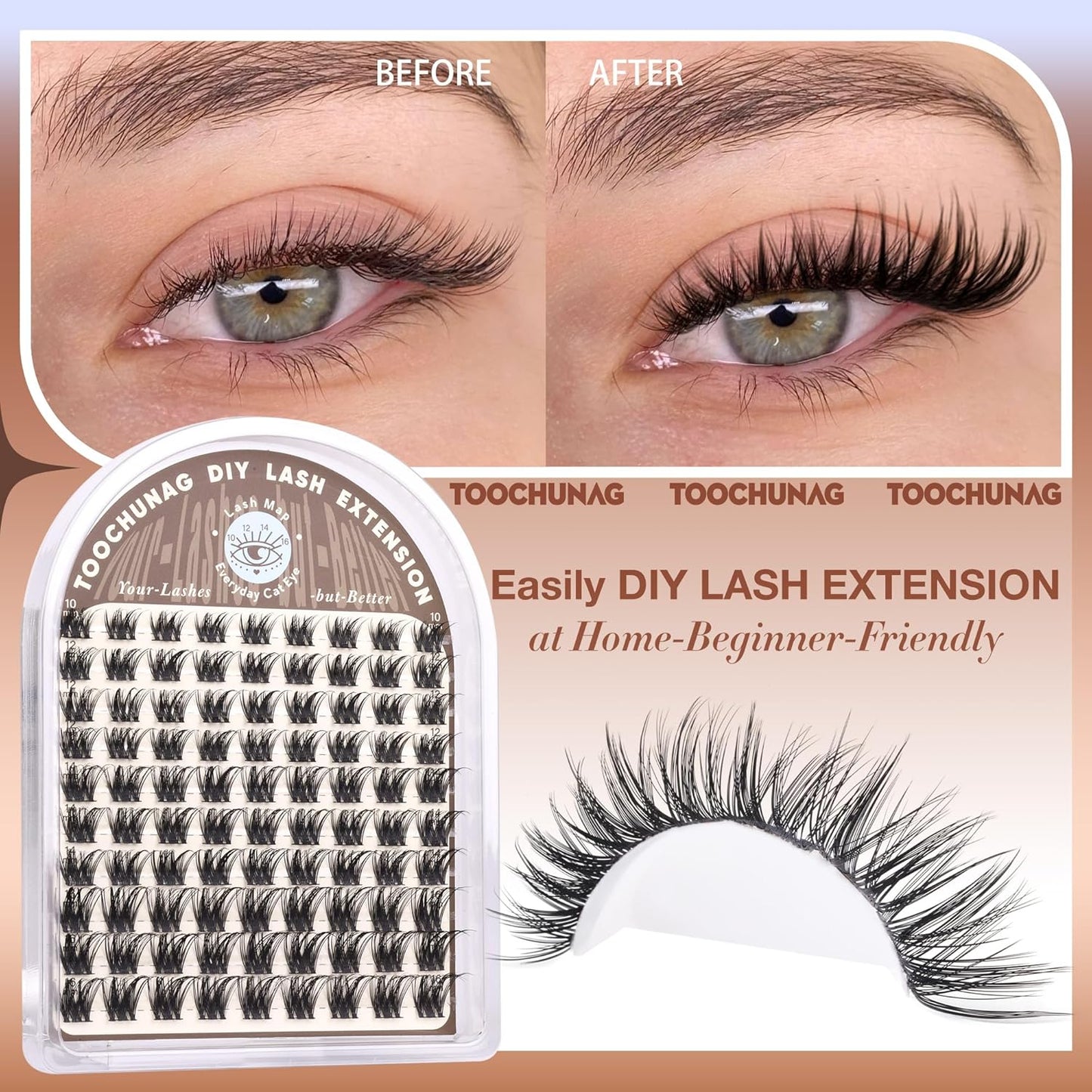 TOOCHUNAG Wispy Lash Clusters - Natural D Curly Individual Eyelash Extensions | Soft 10-16mm DIY Lashes
