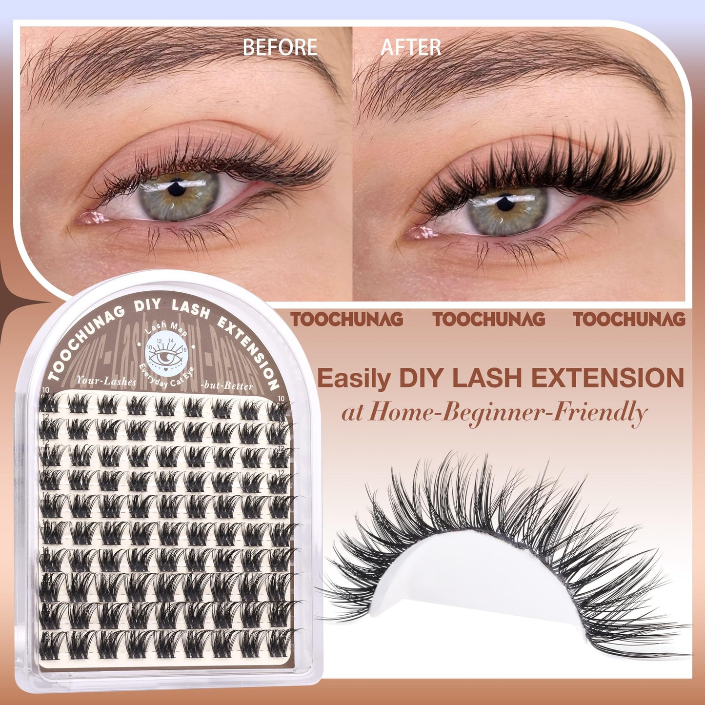 TOOCHUNAG Lash Extension Kit Wispy Lash Clusters Kit Thin Band Cluster Eyelash Extensions Kit Natural Individual Eyelashes Kit DIY Cluster Lashes with Lash Bond and Seal and Tweezers (10-16mm-D)