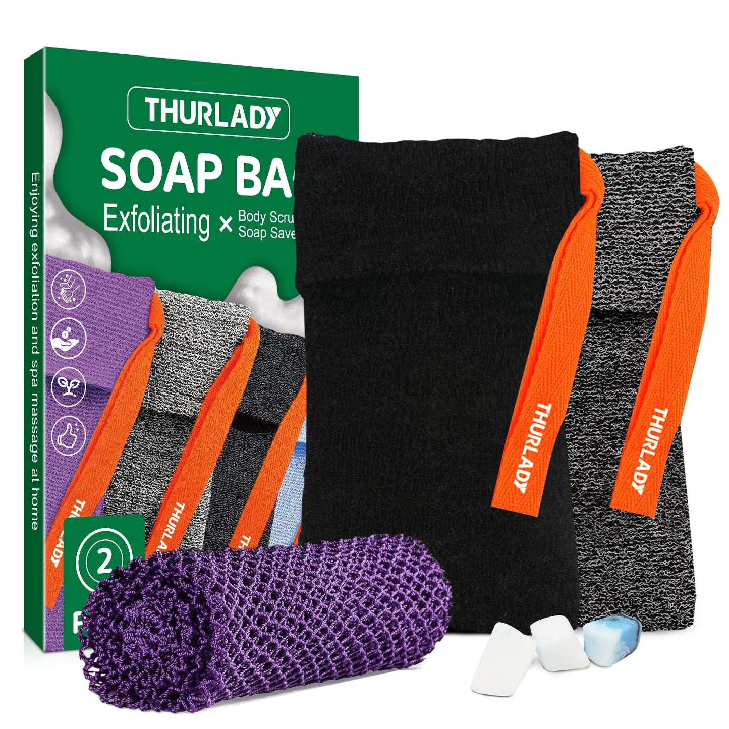 THURLADY 2 Pack Soap Saver Bags for Soap Bars, with 1 African Net Sponge