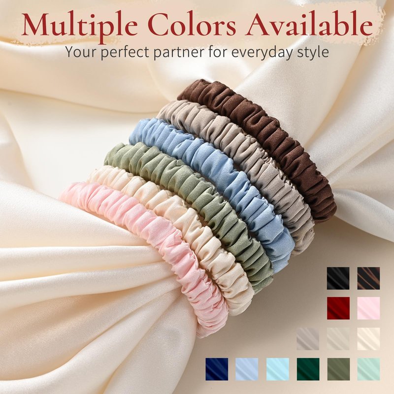 Silk Hair Ties Thin 0.4 Inch Wide, 100% Mulberry Silk 6A 22 Momme, Soft & Gentle No-Crease for Fine Hair, Ponytail Hold, Women & Girls, Fabric Sample Included (Black & Brown & Light Brown)