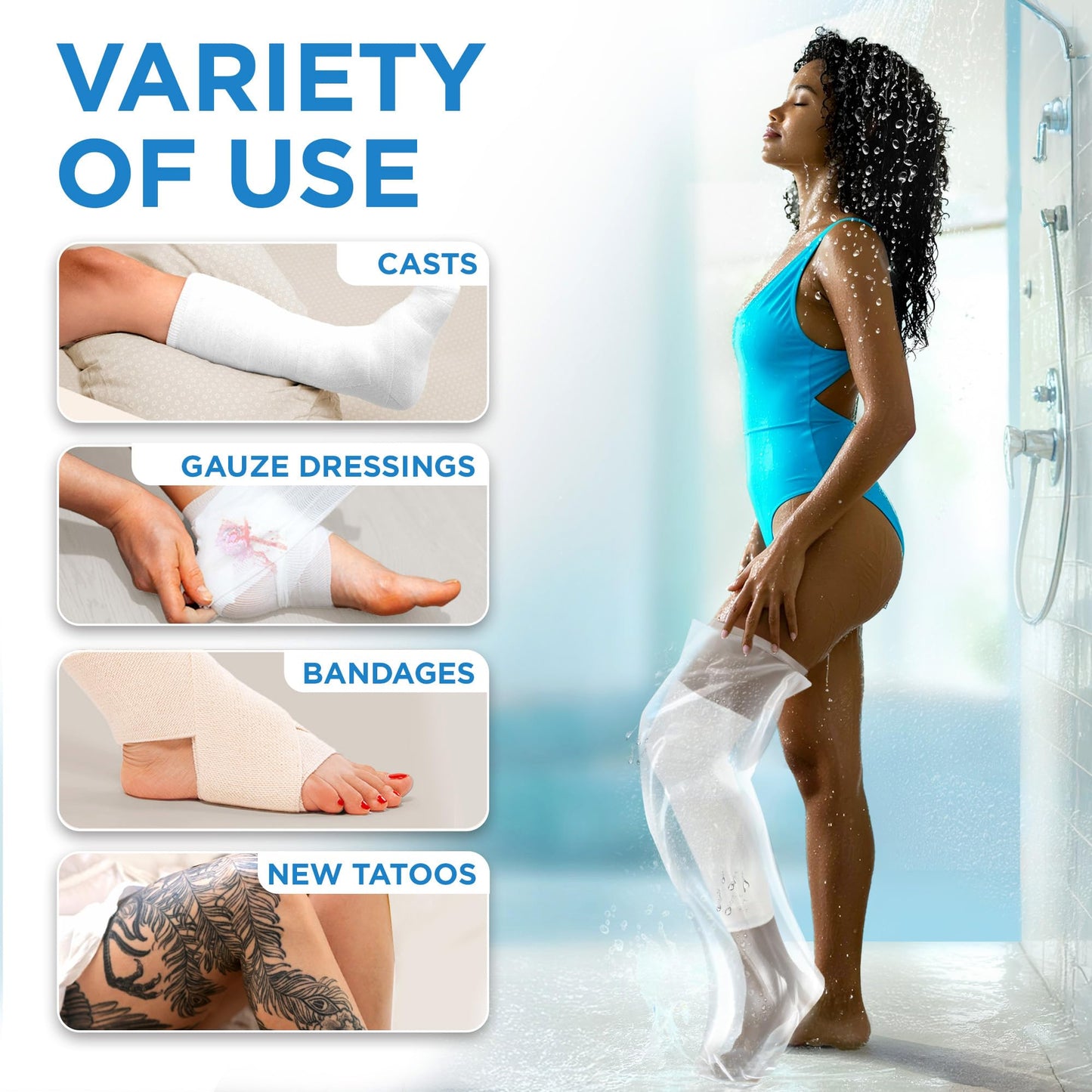 100% Waterproof Cast Covers for Shower Leg - 2pk - Tight Seal - Reusable Adult Full Leg Cast Protectors - Thigh, Knee, Ankle, Foot - After Surgery Bandage and Dressing Shower Bag - Long Size