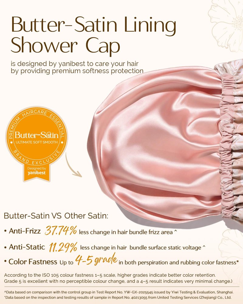 Yanibest Satin Lined Shower Cap for Women Reusable Waterproof, Frizz Free & Large Bath Cap with Soft Elastic Band, Luxury Hair Protection Caps (Pink Leaves)