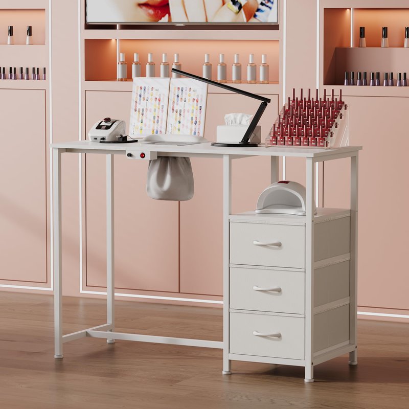 NinPeen Nail Table with dust Collector，Small Manicure Table with Drawers for Nail tech，Nail Station with Open Shelf for Home,Workshop,Makeup Beauty Salon Workstation (White)