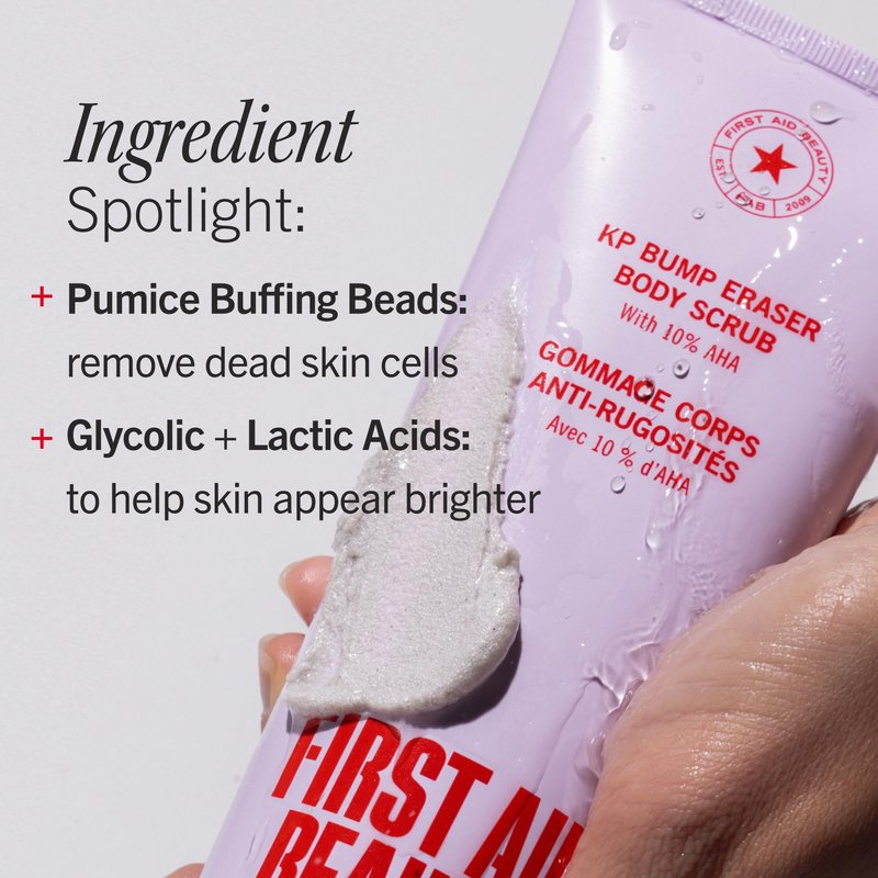 First Aid Beauty KP Bump Eraser Body Scrub with 10% AHA - Dermatologist-Tested Keratosis Pilaris Exfoliator - Support for Rough Bumps, Uneven Skin Texture & Strawberry Skin - Sensitive Skin - 4 oz