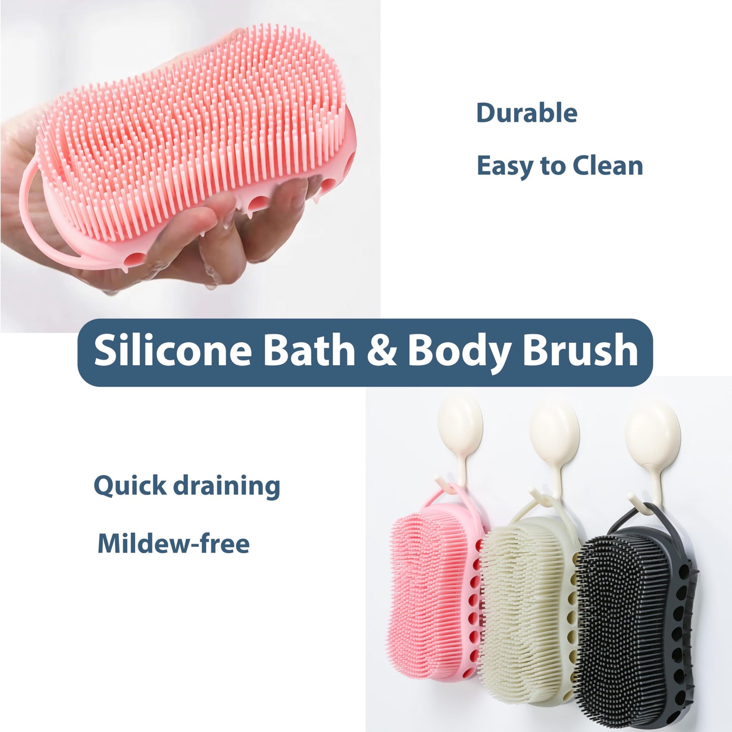 MtBoi Double-Sided Exfoliating Silicone Body Scrubber, 2-in-1 Bath Scrubber, Shampoo Brush, Silicone Loofah for All Skin Types, Shower Body Scrubber, Easy to Clean, Lather Well (Pink)