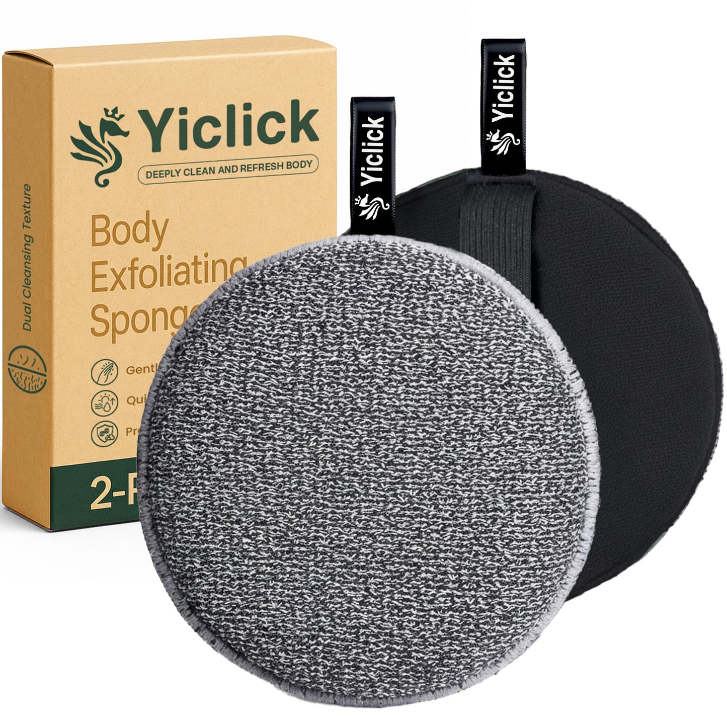 Yiclick Exfoliating Body Scrubber (2 Pack), Body Exfoliator Scrubber, Exfoliating Sponge for Shower Bath, Shower Loofah Luffa Lufa with Handle, Dead Skin Exfoliator for Body Scrub, Men Women