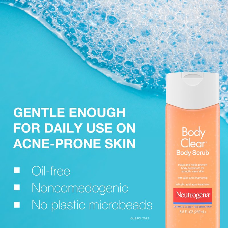 Neutrogena Body Clear Acne Body Wash and Exfoliating Body Scrub, 2% Salicylic Acid Cleanser, Chest, Shoulder & Back Acne Treatment, Non-Comedogenic, Oil-Free Shower Gel, 8.5 fl oz
