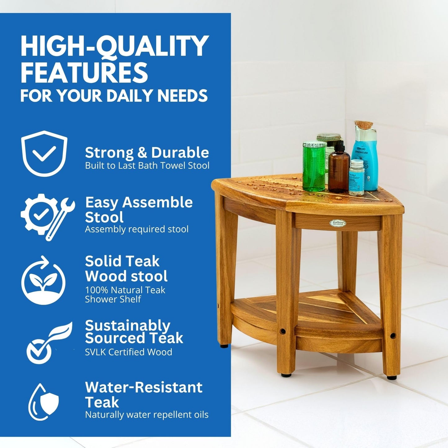 EcoDecors Corner Teak Shower Bench with Shelf – 16” x 18" Height- Teak Shower Stool with Shelf, Waterproof, 350lb Capacity Non-Slip | for Inside Shower | Tool-Free Assembly | Aging in Place