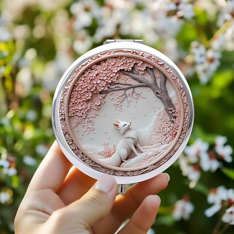 Silver Compact Mirror, 2.8x2.8inch Double-Sided Folding Makeup Mirror with Cherry Blossom White Fox Design, Ideal Gift for Women