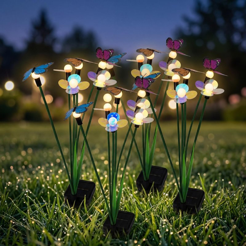 Hoikwo Solar Garden Flower Lights 4 Pack, Swaying Butterfly Flower Stakes Outdoor, Lifelike Butterflies and Flowers with 6 LED Warm Lights, Solar Lights Decor for Yard, Patio, Garden, Pathway
