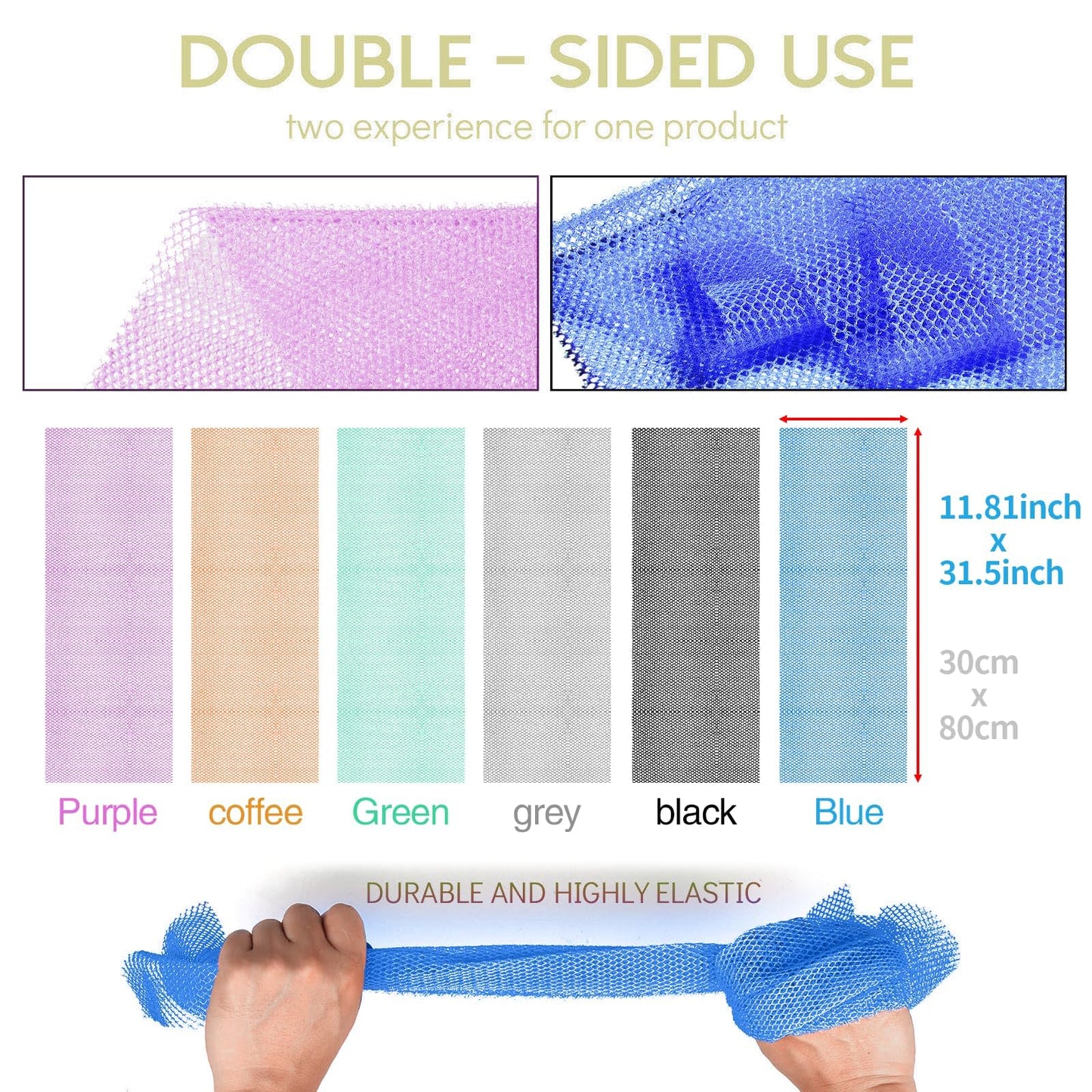 UJFQBH 6 Pieces African Bath Sponge African Net Long Net Bath Sponge Exfoliating Shower Body Scrubber Back Scrubber Skin Smoother,Great for Daily Use (Purple, Gray, Blue, Black, Brown, Green)