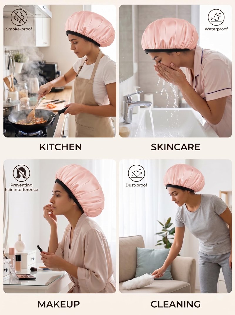 Aquior Shower Cap,Shower Cap for Women Reusable, Triple Layer Waterproof Bath Cap,Silky Satin Outer Layer Terry Lining, Extra Large for Women Long Hair(Champagne)
