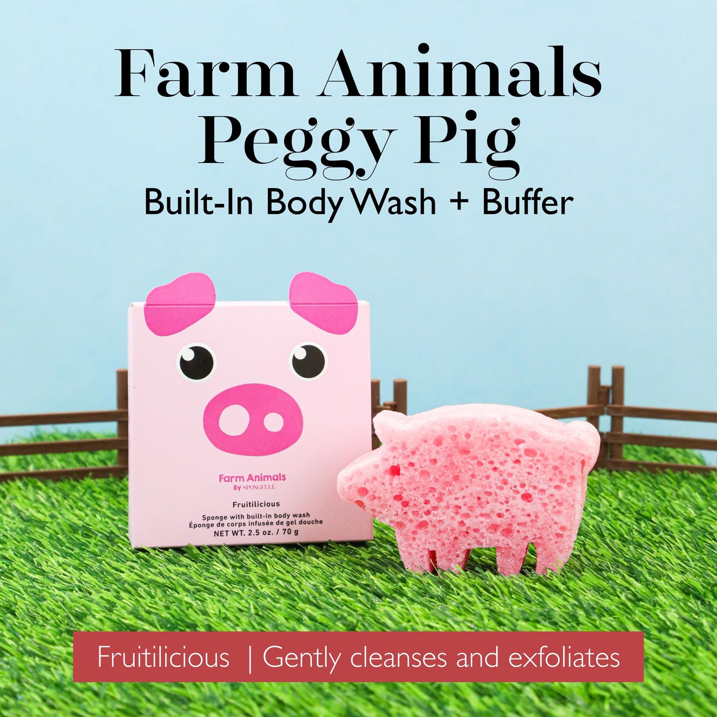 SPONGELLÉ Peggy Pig Farm Animals Kid's Body Buffer | All Ages | Body Wash Infused Shower Loofah | Newborn Essentials & Baby Essentials | Cruelty-Free, Vegan, Dermatologist-Tested, Made in USA