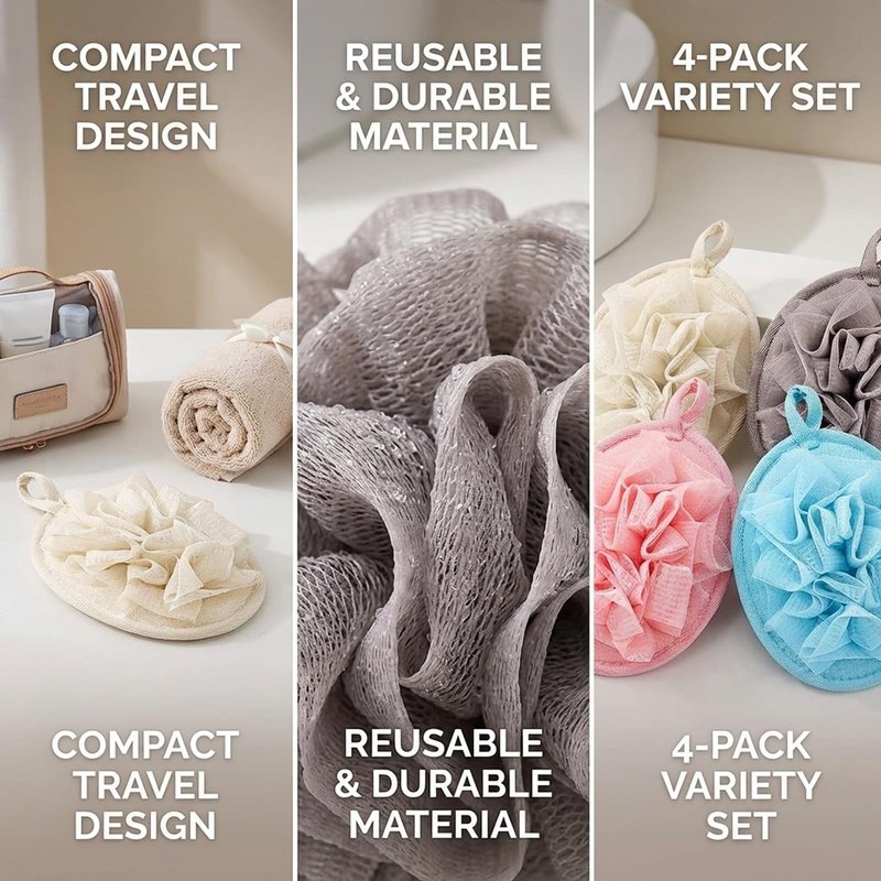 4Pcs Travel Loofah Mini, Travel Size Loofah for Adults, Shower Loofah for Personal Care, Body, Sensitive Skin Exfoliating