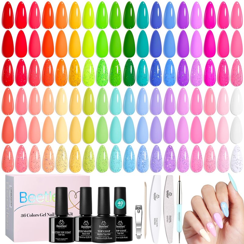 Beetles Summer Gel Polish Set - 36 Colors Neon Pastel Rainbow Bright Color Gel Polish Set with Base Coat Glossy Matte & Glitter Top Coat Pink Red Yellow Manicure Vivid Whimsy Summer Gifts for Women
